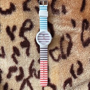 Lacoste Striped Watch with Blue, Purple and Red Accents Silicone Band